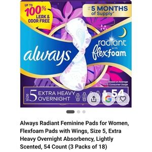54 Count Always Radiant Pads with Wings - Size 5 Extra Heavy - Light Clean Scent